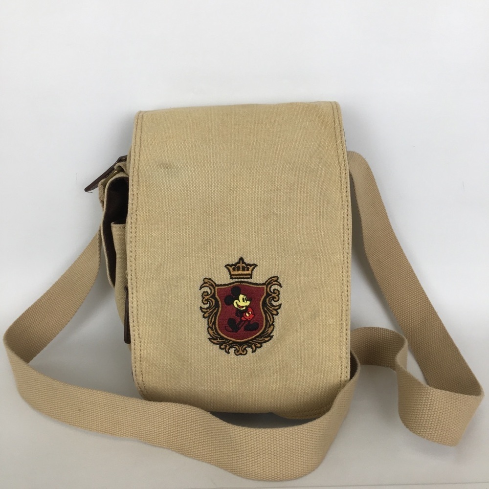 Disney Mickey Mouse Crossbody Bag Tan Canvas Purse Crown Crest Embroidered